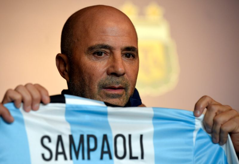 Jorge Sampaoli holds a jersey with his name on it during his official presentation at the squad's camp in Buenos Aires June 1, 2017. u00e2u20acu2022 Reuters pic