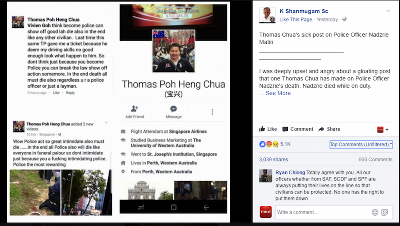 Home Affairs and Law Minister K Shanmugam had criticised Thomas Chua in a Facebook post on Saturday. 