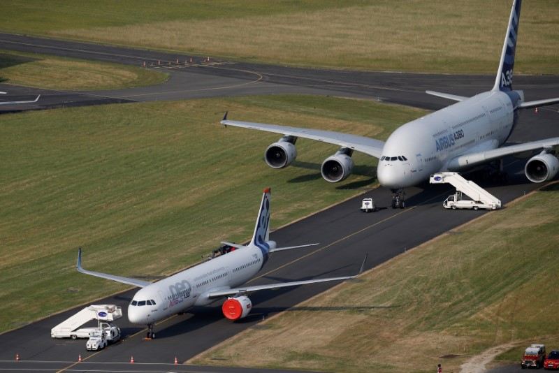 Aerial view of an Airbus A380 and an Airbus A321neo during the 52nd Paris Air Show at Le Bourget airport near Paris June 21, 2017. u00e2u20acu201d Reuters pic 