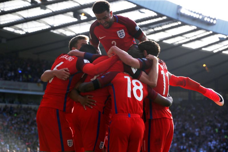 England's Harry Kane celebrates scoring their first goal against Scotland at Hampden Park, Glasgow June 11, 2017 with teammates. u00e2u20acu201d Reuters picnn