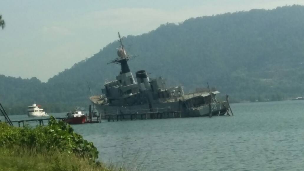 The former KD Rahmat navy vessel is seen listing in waters at Lumut. u00e2u20acu201d Picture courtesy of Twitter/Angry Veteran @ShaifulMY