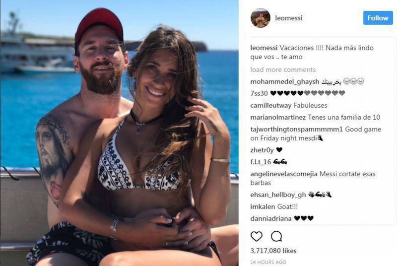 Football star Lionel Messi posted a photo of himself and fiancu00c3u00a9e Antonella Roccuzzo on holiday in Ibiza on June 12, 2017. Messi was initially scheduled to play in the Singapore-Argentina match in Singapore today. u00e2u20acu201d Instagram/Lionel Messi pic 