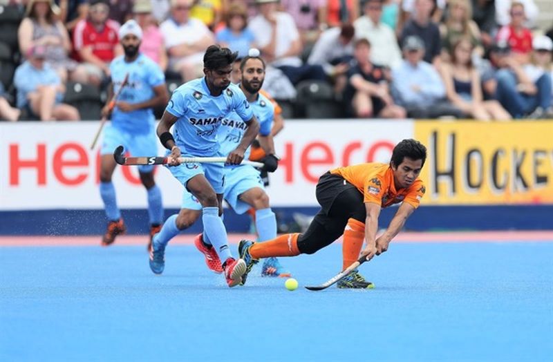 Fitri Saari halts India's attack during the game in the World League Semifinals in London. u00e2u20acu2022 Malay Mail pic