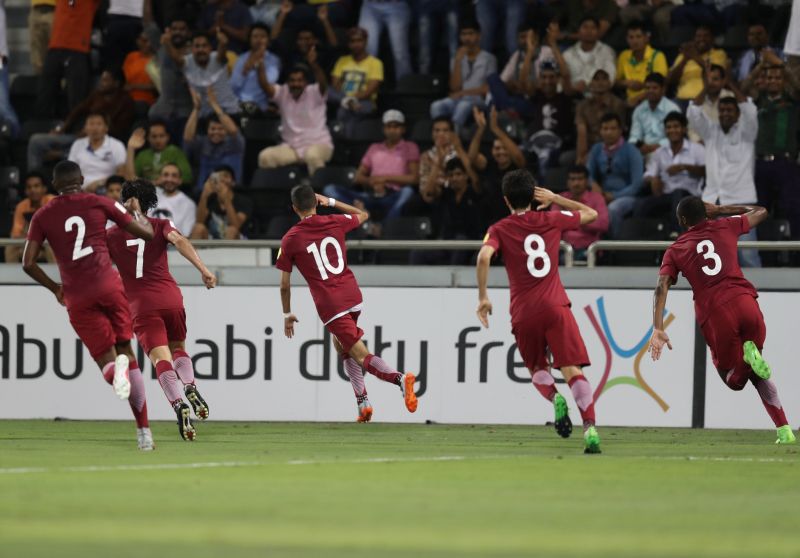 Qatar's players celebrate a goal against South Korea. u00e2u20acu2022 Reuters pic