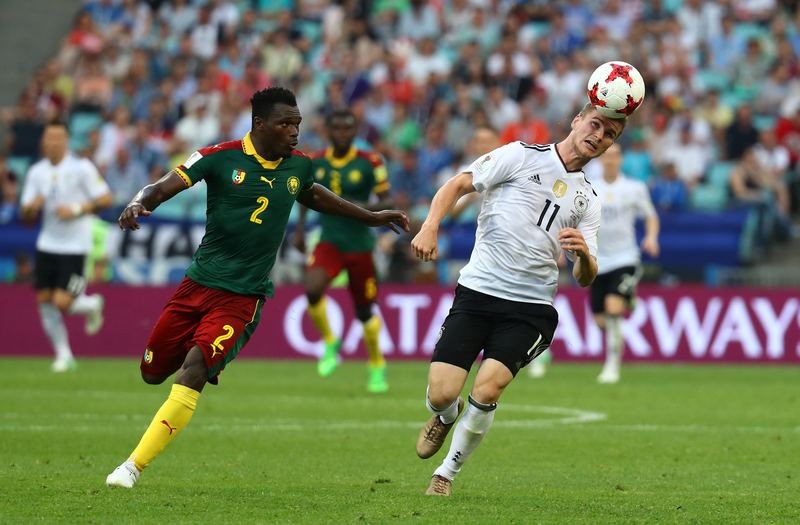Germanyu00e2u20acu2122s Timo Werner (right) in Confederations Cup action with Cameroonu00e2u20acu2122s Ernest Mabouka in Sochi June 25, 2017. u00e2u20acu201d Reuters pic 