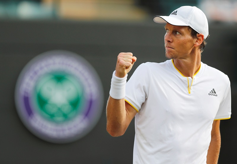 Tomas Berdych celebrates winning the first set during the quarter final match against Novak Djokovic in London July 12, 2017. u00e2u20acu201d Reuters pic 