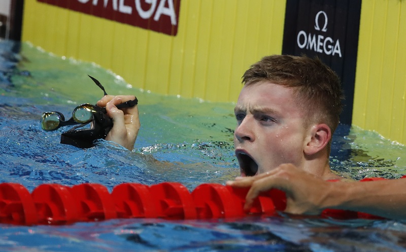 Adam Peaty of Britain reacts after he comes first at the Menu00e2u20acu2122s 50m Breaststroke Preliminary in Budapest July 25, 2017. u00e2u20acu201d Reuters pic
