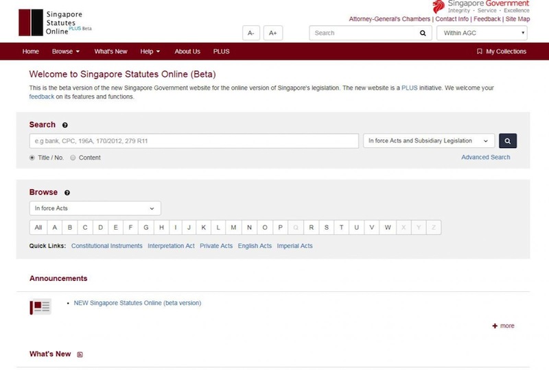 nA screenshot of the website for Singapore Statutes Online. 