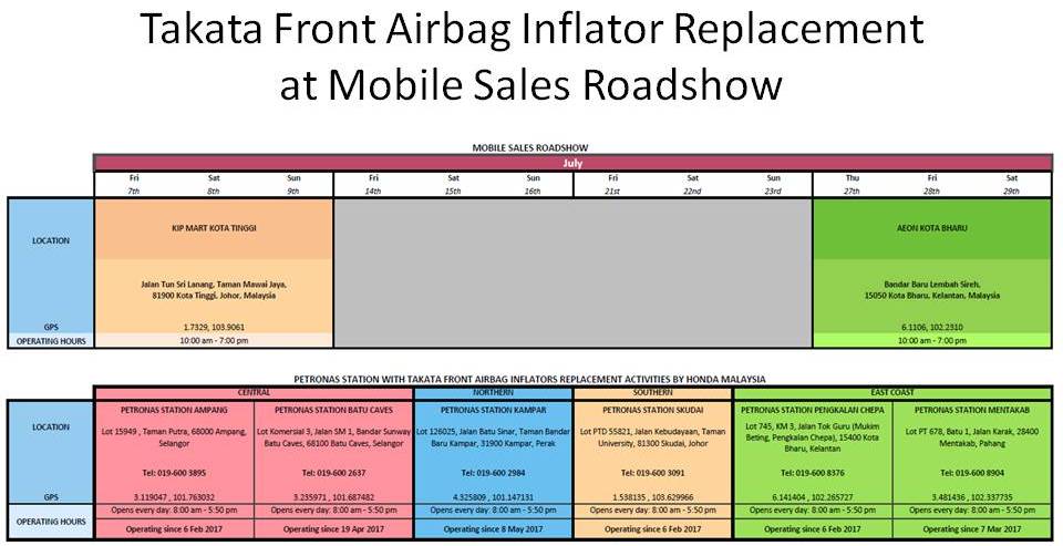 Dates and locations for the Takata replacement roadshow.