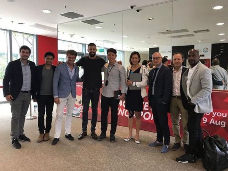 Gerard Pique (fourth left) posted a photo of himself with his associates and Sport SG's Galastein Tan (centre) and Singapore Tourism Board's Jean Ng (next to Tan). u00e2u20acu2022 Picture via Twitter/Gerard Pique