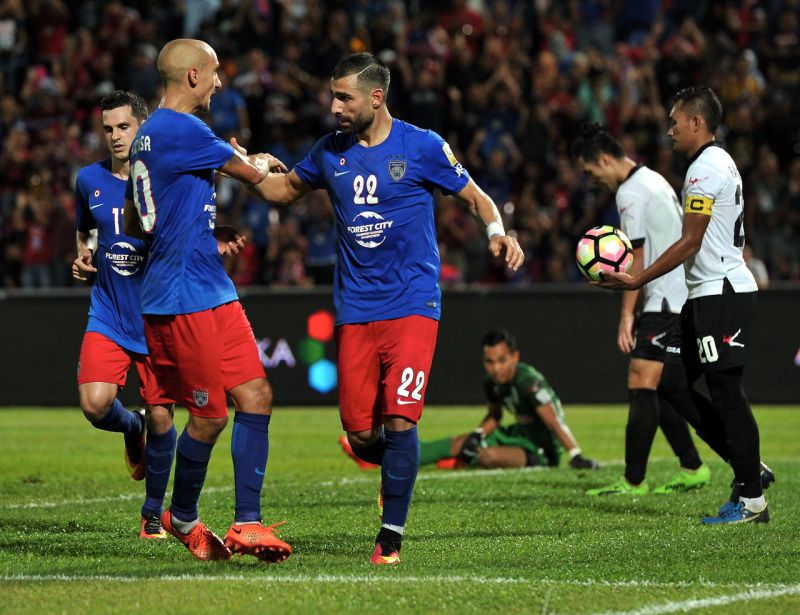 JDT player Mohamad Ghaddar celebrates after scoring a goal against Penang at the Tan Sri Hassan Yunos stadium in Larkin. u00e2u20acu2022 Bernama pic