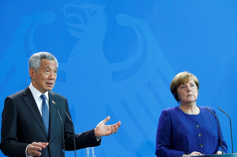 German Chancellor Angela Merkel and Singapore Prime Minister Lee Hsien Loong during a press statement ahead of their meeting at the Chancellory in Berlin, Germany, July 6, 2017. u00e2u20acu201d Reuters pic