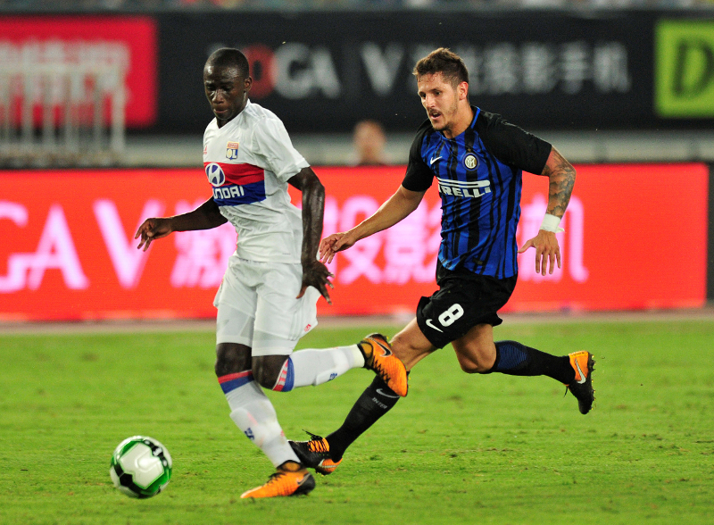 Stevan Jovetic of Inter Milan and Ferland Mendy of Olympique Lyonnais in action during their International Champions Cup China match in Nanjing July 24, 2017. u00e2u20acu201d Picture by Reuters/Stringer