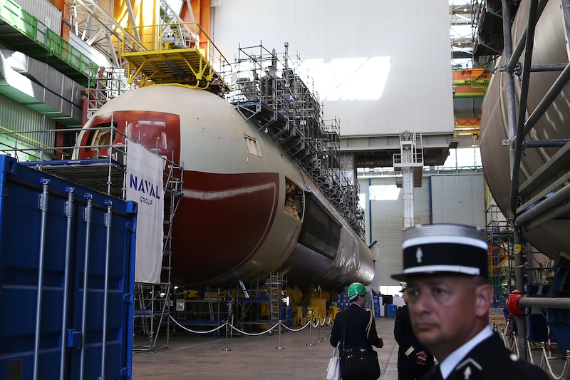 Workers and security personnel gather near 'Suffren' a Barracuda Class nuclear attack submarine in Cherbourg-Octeville, north-western France on July 9, 2017.u00c2u00a0u00e2u20acu201d AFP pic 