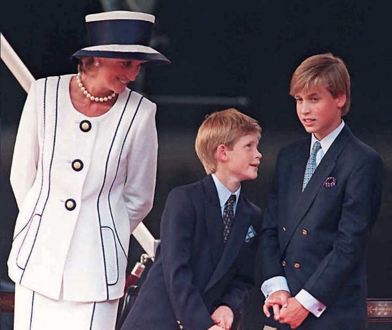 This file photo taken on August 19, 1995 shows Diana, Princess of Wales and her sons Prince Harry and Prince William, as they gather for the commemorations of VJ Day in London. u00e2u20acu201d AFP pic