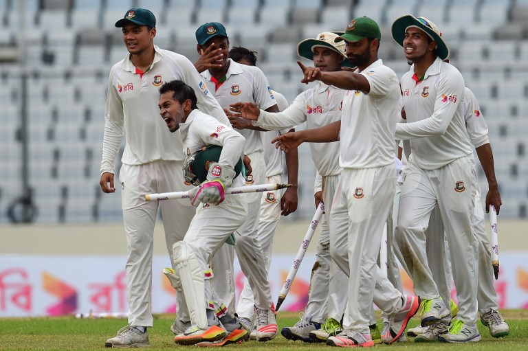 Bangladeshi cricket captain Mushfiqur Rahim (2nd L) celebrate after winning the first Test cricket match between Bangladesh and Australia at the Sher-e-Bangla National Cricket Stadium in Dhaka on August 30, 2017. u00e2u20acu201d AFP pic