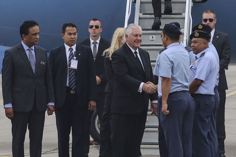 US Secretary of State Rex Tillerson arrives at the Royal Malaysian Air Force base in Subang, August 8, 2017. u00e2u20acu201d Picture by Yusof Mat Isa