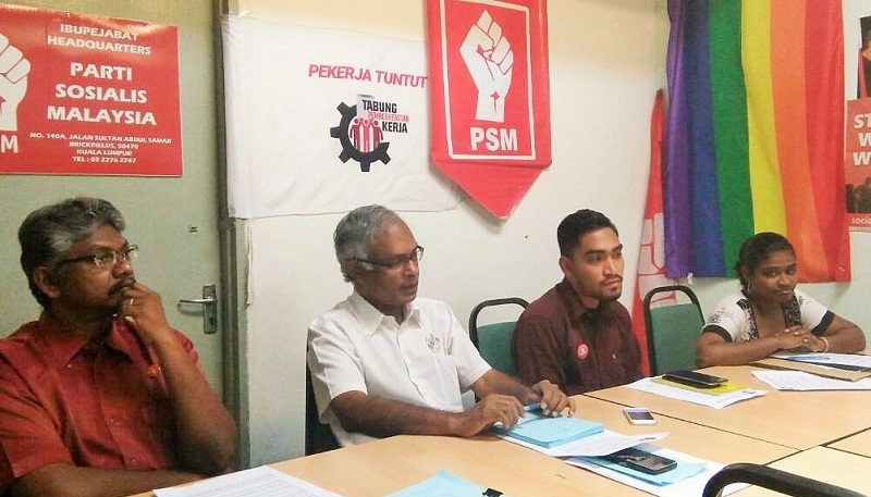 Parti Sosialis Malaysia leaders at a press conference to condemn the shelving of the EIS Bill by the Cabinet at the PSM headquarters in Brickfields Aug 8, 2017. u00e2u20acu201d Picture courtesy of Parti Sosialis Malaysia