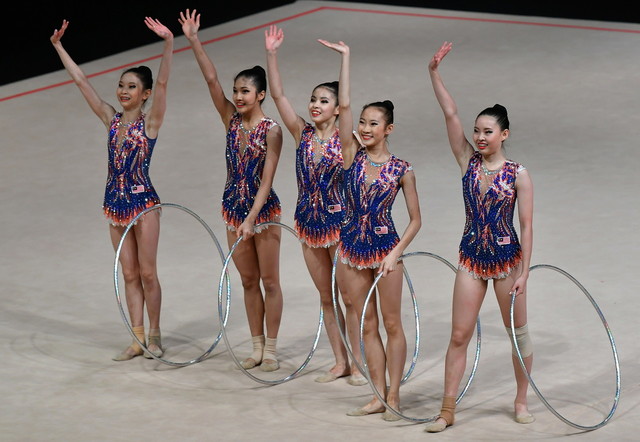 Malaysia's gymnasts celebrate the gold medal in Team Rhythmic Gymnastics at Kuala Lumpur 2017 SEA Games at Malaysia International Trade and Exhibition Centre(MITEC) today. u00e2u20acu201d Bernama pic