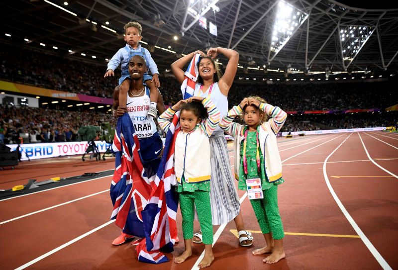 Mohamed Farah of Great Britain celebrates with family after winning the final at the World Athletics Championships in London, August 5. 2017. u00e2u20acu201d Reuters pic