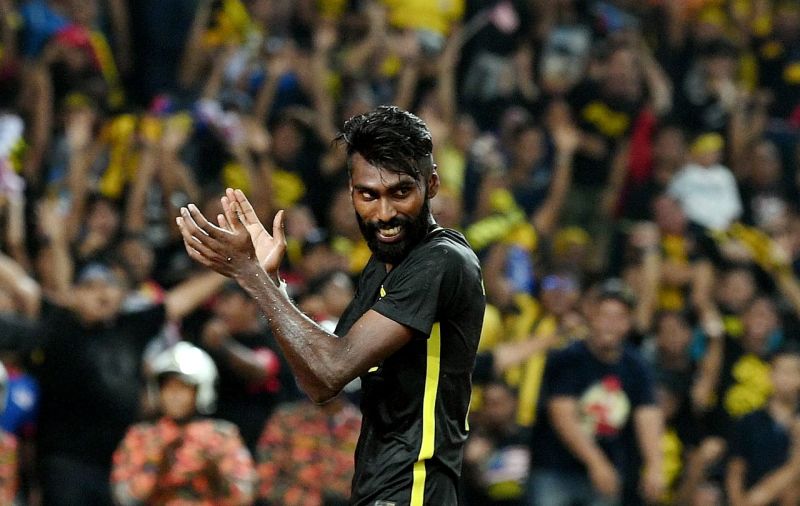 National footballer N. Thanabalan celebrates after Malaysia defeated Myanmar 3-1 in the third Group A match in the Kuala Lumpur SEA Games. u00e2u20acu2022 Bernama pic