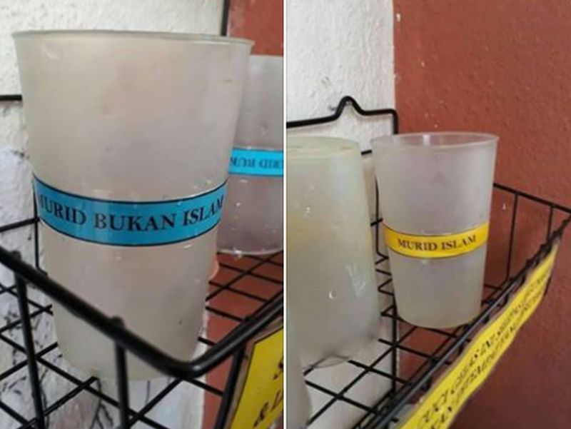 Sebuah sekolah rendah di Hulu Langat, Selangor meletakkan label untuk mengasingkan gelas kegunaan murid Islam dan bukan Islam.  u00e2u20acu201d Foto ihsan Facebook/Satees Muniandy