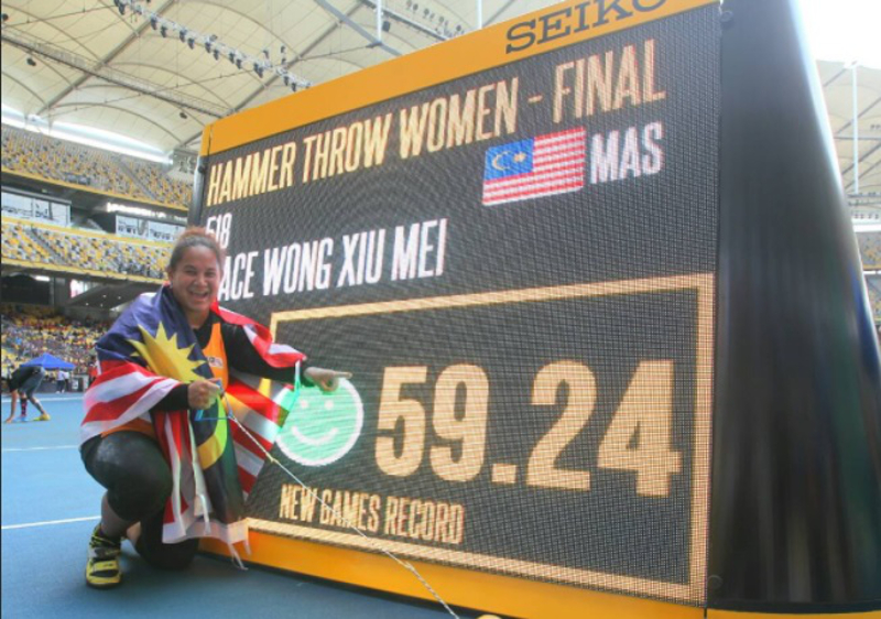 Grace Wong won gold with a new SEA Games record of 59.24m in the hammer throw. u00e2u20acu201d Picture via Twitter/KL2017