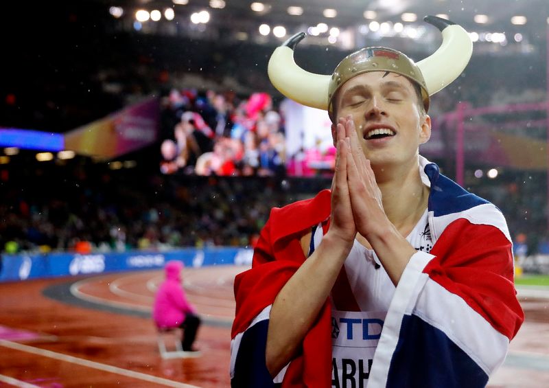 Karsten Warholm of Norway celebrates after winning the World Athletics Championships 400m hurdles gold in London August 9, 2017. u00e2u20acu201d Reuters pic
