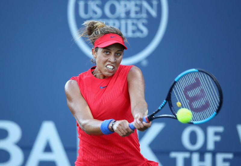 Madison Keys of the United States returns a shot to Garbine Muguruza of Spain during their semifinal match on Day 6 of the Bank of the West Classic at Stanford University Taube Family Tennis Stadium August 5, 2017. u00e2u20acu201d AFP pic