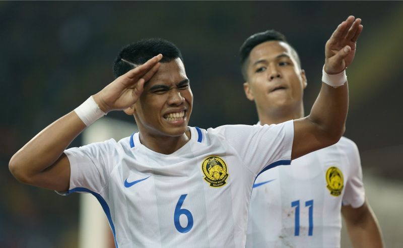 Safawi celebrates after scoring Malaysiau00e2u20acu2122s first goal with a thunderous volley into the roof of the net. u00e2u20acu2022 Malay Mail pic