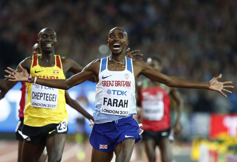 Mo Farah of Britain celebrates after winning the menu00e2u20acu2122s 10,000 metres at the World Athletics Championships in London. u00e2u20acu2022 Reuters pic