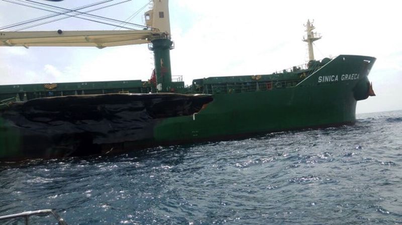 The damage to the hull of the u00e2u20acu02dcSinica Graecau00e2u20acu2122 bulk carrier which was reported to have collided with the u00e2u20acu02dcChemroad Megau00e2u20acu2122 tanker off Johoru00e2u20acu2122s eastern strait. u00e2u20acu201d Picture courtesy of Johor Health, Environment, Education and Information Committee