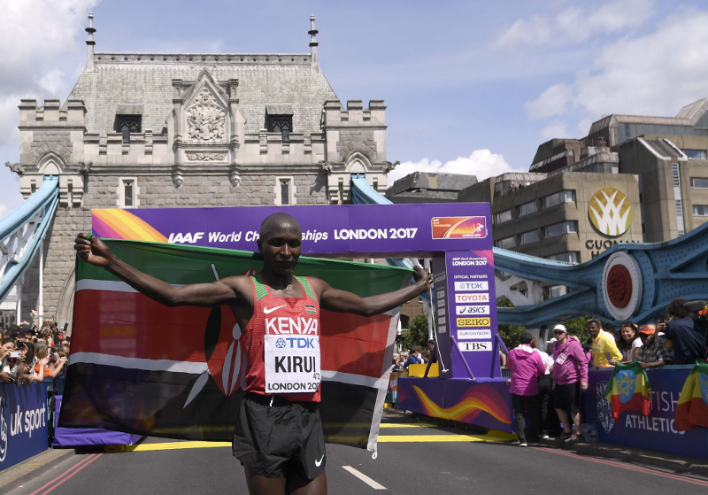 Geoffrey Kipkorir Kirui of Kenya celebrates after winning the marathon at the World Athletics Championships at London Stadium, London August 6, 2017. u00e2u20acu201d Reuters pic