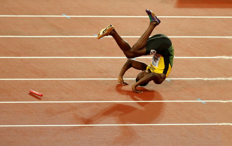 Usain Bolt of Jamaica falls down injured during the World Athletics Championshipsu00e2u20acu2122 Menu00e2u20acu2122s 4 x 100 meters relay final in London Stadium, London, August 12, 2017. u00e2u20acu201d Reuters pic