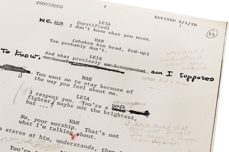 u00e2u20acu02dcThe Empire Strikes Backu00e2u20acu2122 script featuring over 1,000 words handwritten by Carrie Fisher, including line revisions, character detail, and notes on subtext, as in this scene between Princess Leia and Han Solo (Harrison Ford). u00e2u20acu201d Reuters pic