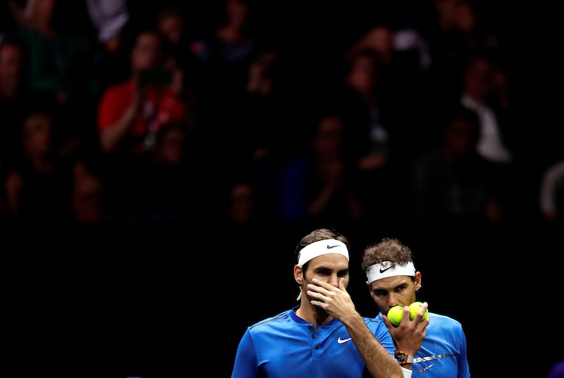 Rafael Nadal and Roger Federer of team Europe in action against Jack Sock and Sam Querrey of team World on the second day of the Laver Cup in Prague September 23, 2017. u00e2u20acu201d Reuters pic