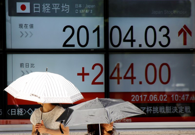 Women holding parasols walk past an electronic board showing Japanu00e2u20acu2122s Nikkei average rate outside a brokerage in Tokyo June 2, 2017. u00e2u20acu201d Reuters pic