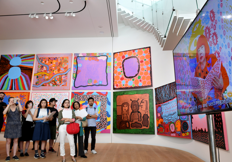 Japanese artist Yayoi Kusama delivers her video message during the press preview of her museum in Tokyo on September 27, 2017. The Yayoi Kusama Museum will open to the public in Tokyo from October 1, 2017. u00e2u20acu201d AFP pic