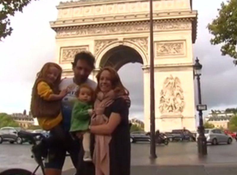 Image of British cyclist Mark Beaumont and family in Paris from the Reuters video. 