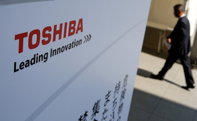 The logo of Toshiba is seen as a shareholder arrives at Toshiba's extraordinary shareholders meeting in Chiba, Japan March 30, 2017. u00e2u20acu201d Reuters pic 