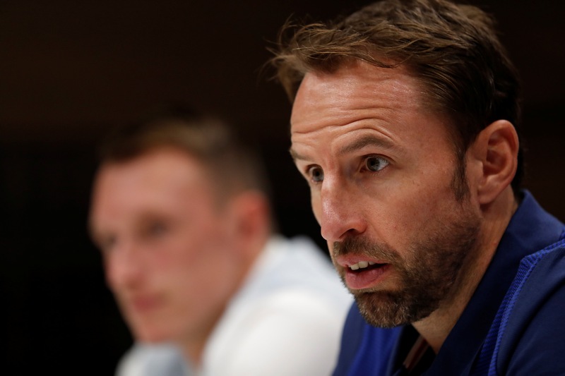 England manager Gareth Southgate (right) and Phil Jones during the press conference in London September 3, 2017. u00e2u20acu201d Reuters pic
