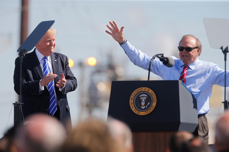 US President Donald Trump applauds Continental Resources CEO Harold Hamm (right) during a tax reform event in Mandan, North Dakota September 6, 2017. u00e2u20acu201d Reuters pic