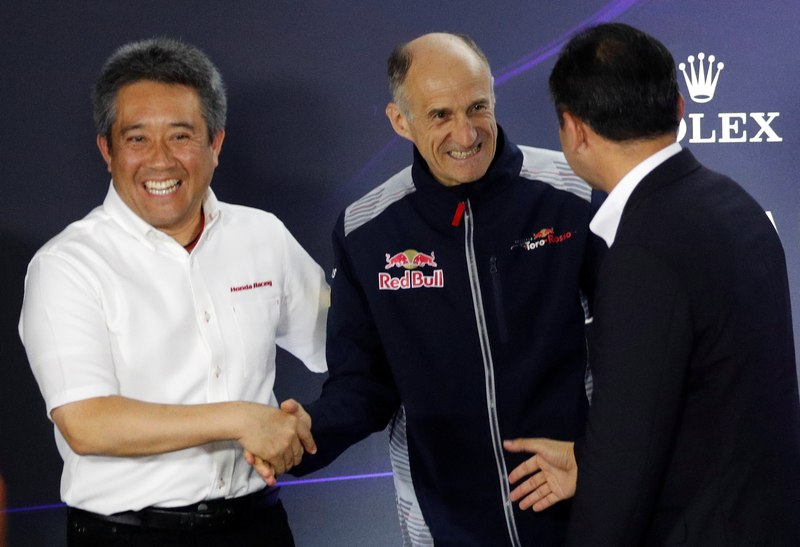 Honda's Katsuhide Moriyama and Masashi Yamamoto with Toro Rosso's Franz Tost during a press conference during practice for the Singapore GP September 15, 2017. u00e2u20acu201d Reuters pic 
