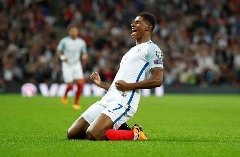 Englandu00e2u20acu2122s Marcus Rashford celebrates scoring the second goal against Slovakia. u00e2u20acu2022 Reuters pic