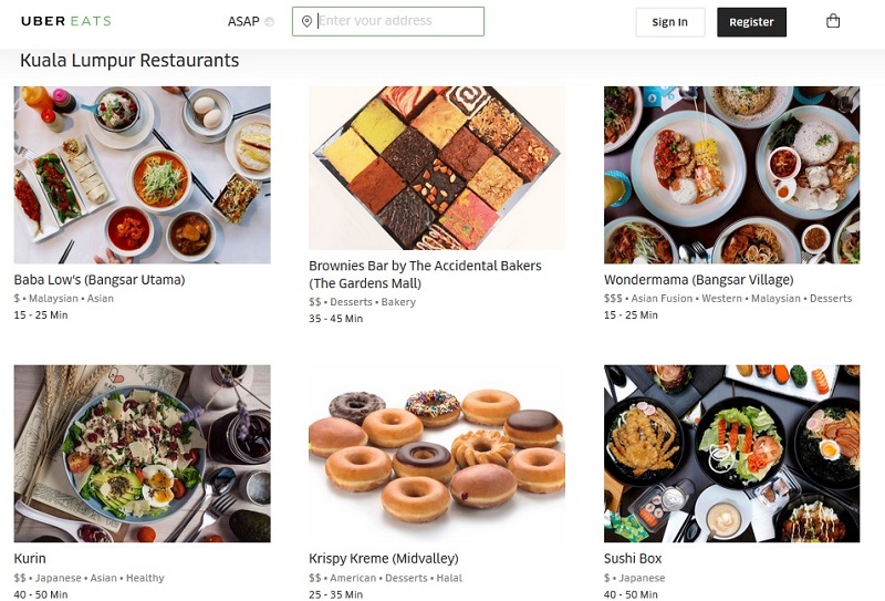 A screengrab from the UberEATS website shows some of the partner restaurants in KL. 