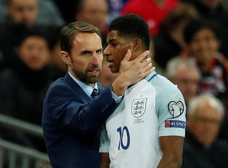 England manager Gareth Southgate talks to Marcus Rashford during their 2018 World Cup Qualifications match against Slovenia in London October 5, 2017. u00e2u20acu201d Action Images pic via Reuters