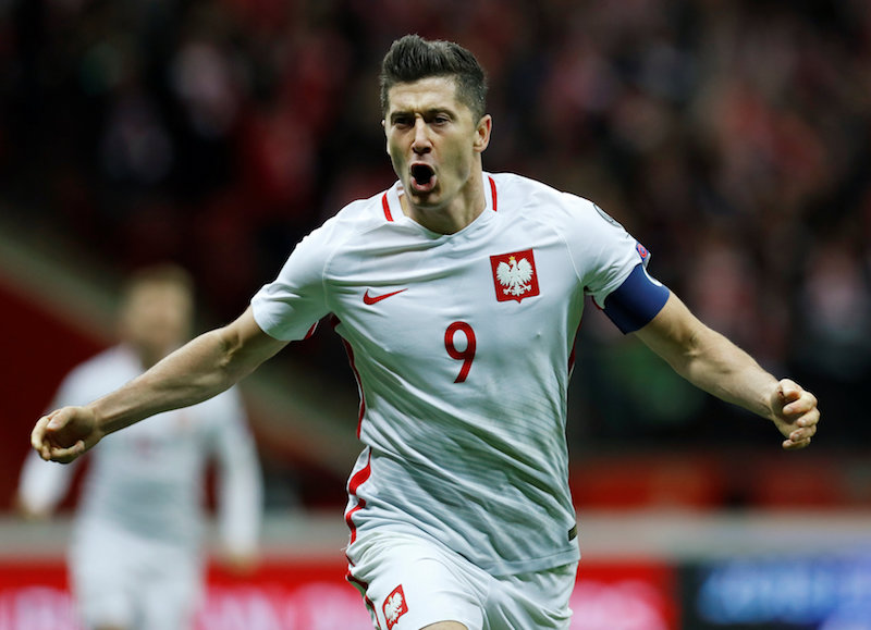 Polandu00e2u20acu2122s Robert Lewandowski celebrates scoring their third goal against Montenegro during their 2018 World Cup qualifications match in Warsaw October 8, 2017. u00e2u20acu201d Reuters pic