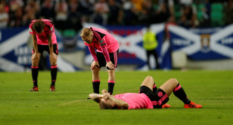 Scotlandu00e2u20acu2122s Barry Bannan looks dejected after their 2018 World Cup Qualifications match against Slovenia in Ljubljana October 8, 2017. u00e2u20acu201d Reuters pic