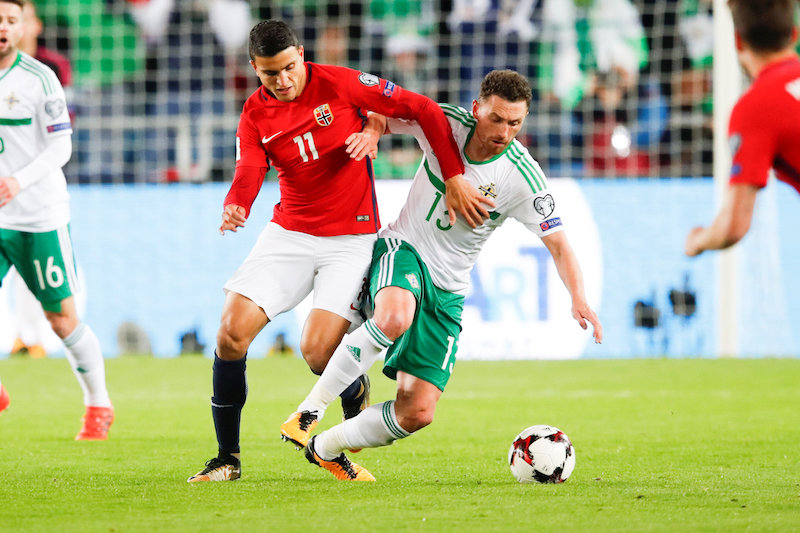 Mohammed Elyounoussi of Norway fights for the ball with Corry Evans of Northern Ireland during their 2018 World Cup Qualification match in Oslo October 8, 2017. u00e2u20acu201d Reuters pic