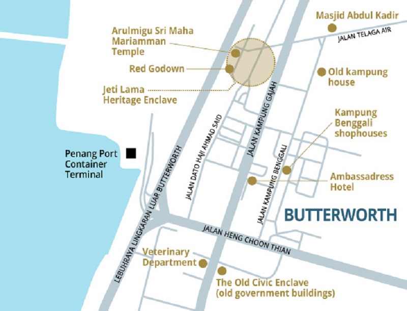 A map of the heritage walk around Butterworth. 